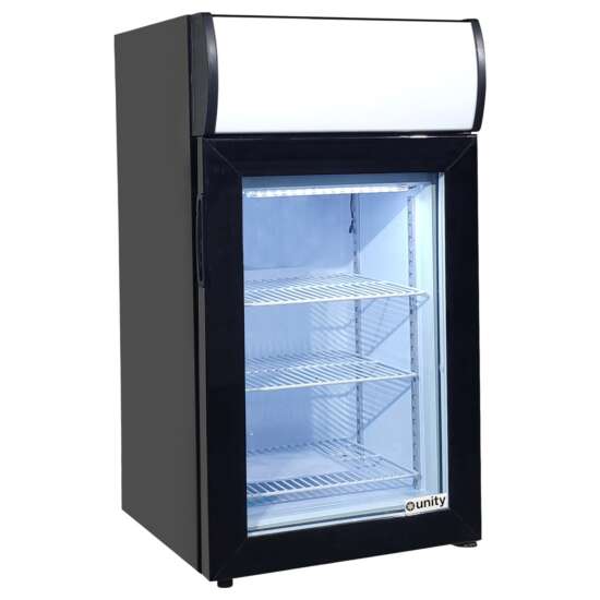 Unity U-CF1 18" Black Glass Swing Door Countertop Display Freezer with a top-lit header, 1.8 cu. ft. capacity, energy-efficient design, and adjustable shelves. Ideal for showcasing frozen products in compact retail or commercial spaces.