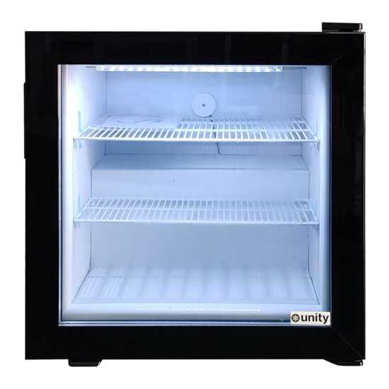 Unity U-CF2 24-inch black glass swing door countertop display freezer with a 2 cubic foot capacity. Compact and stylish, it provides clear visibility and easy access to frozen products, ideal for small retail spaces.