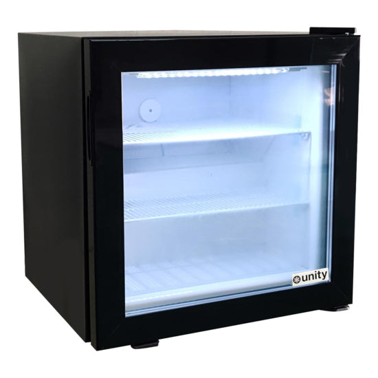 Unity U-CF2 24-inch black glass swing door countertop display freezer with a 2 cubic foot capacity. Compact and stylish, it provides clear visibility and easy access to frozen products, ideal for small retail spaces.