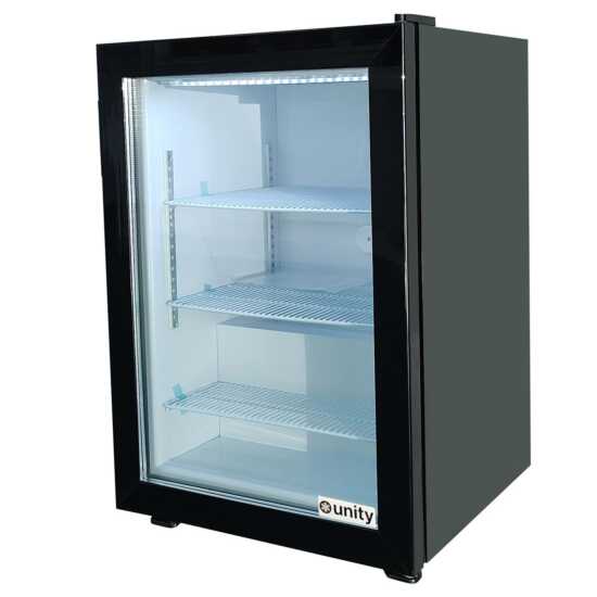 Unity U-CF3 24-inch black glass swing door countertop display freezer with a 3.5 cubic foot capacity. This compact unit offers clear visibility and easy access to frozen products, perfect for small retail spaces.