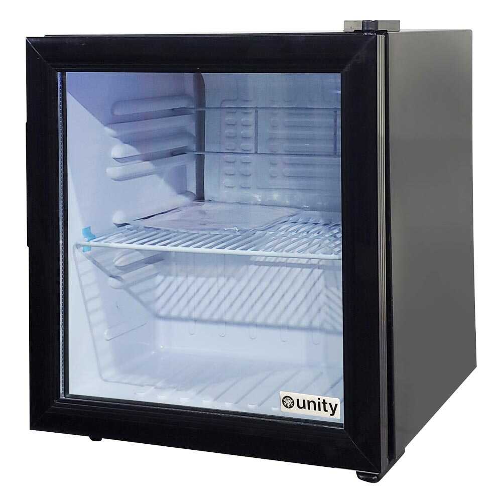 Unity U-CR1 17-inch black countertop display refrigerated merchandiser with a 1.8 cubic foot capacity. This compact unit is designed for countertop use, featuring a sleek black exterior and transparent glass door for easy product visibility. It includes interior LED lighting to enhance the display of merchandise, making it ideal for small retail spaces, cafes, or convenience stores where space is limited but visibility is crucial.