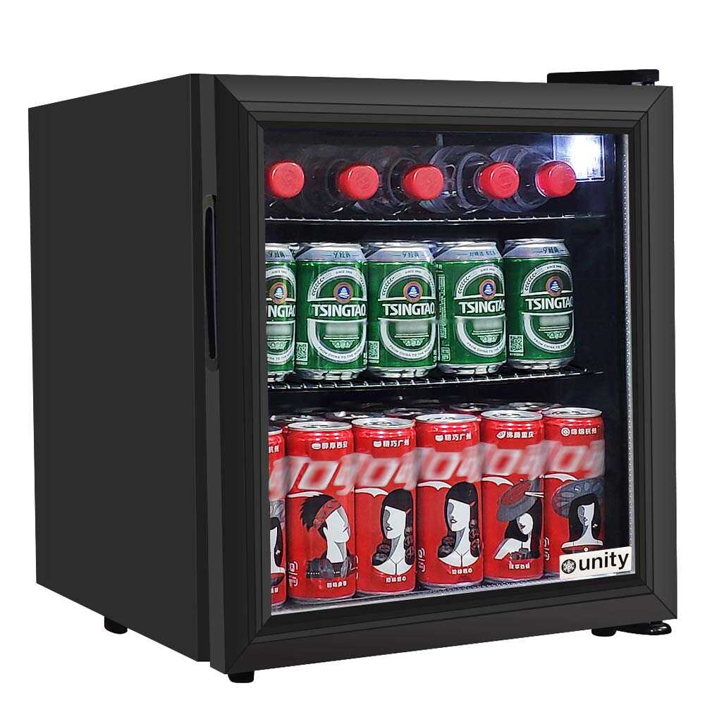Unity U-CR1 17-inch black countertop display refrigerated merchandiser with a 1.8 cubic foot capacity. This compact unit is designed for countertop use, featuring a sleek black exterior and transparent glass door for easy product visibility. It includes interior LED lighting to enhance the display of merchandise, making it ideal for small retail spaces, cafes, or convenience stores where space is limited but visibility is crucial.