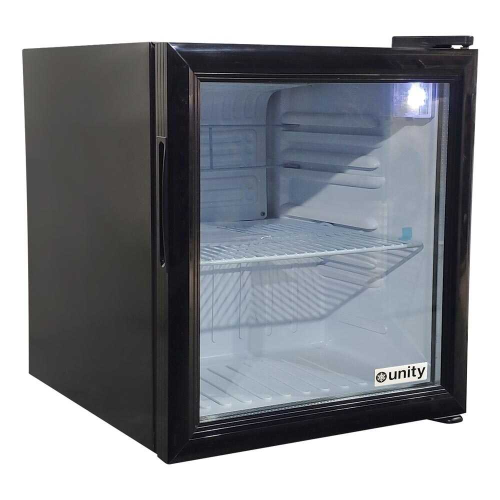 Unity U-CR1 17-inch black countertop display refrigerated merchandiser with a 1.8 cubic foot capacity. This compact unit is designed for countertop use, featuring a sleek black exterior and transparent glass door for easy product visibility. It includes interior LED lighting to enhance the display of merchandise, making it ideal for small retail spaces, cafes, or convenience stores where space is limited but visibility is crucial.