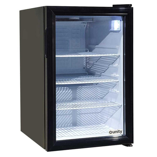 Unity U-CR3 17-inch black countertop display refrigerated merchandiser with a 2.5 cubic foot capacity. This sleek, compact unit is designed for countertop placement and features a transparent glass door for easy access and visibility of merchandise. It includes interior LED lighting to enhance product presentation, making it ideal for small retail spaces, cafes, or convenience stores. The unit combines functionality with a modern black finish to complement any commercial setting.