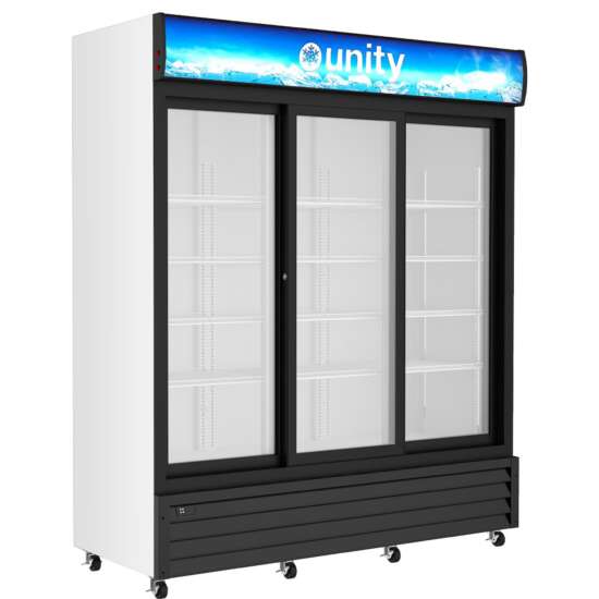Unity U-GM3-S 68" Three Sliding Glass Door Merchandiser Refrigerator with energy-efficient LED lighting, a sleek design, adjustable shelving, and a spacious interior. Perfect for displaying beverages and perishable items in retail or commercial settings.