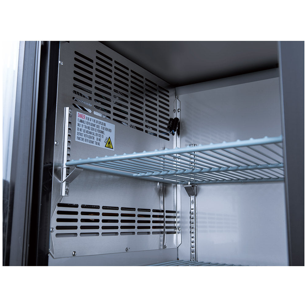 72-inch sliding glass door back bar cooler in black, designed with sleek sliding doors for easy access and clear visibility. Ideal for bars and restaurants, providing efficient cooling with a modern look.