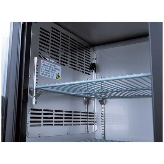48-inch sliding glass door back bar cooler in black, with sleek sliding doors for easy access and visibility. Ideal for bars and restaurants, offering efficient cooling and a modern design.
