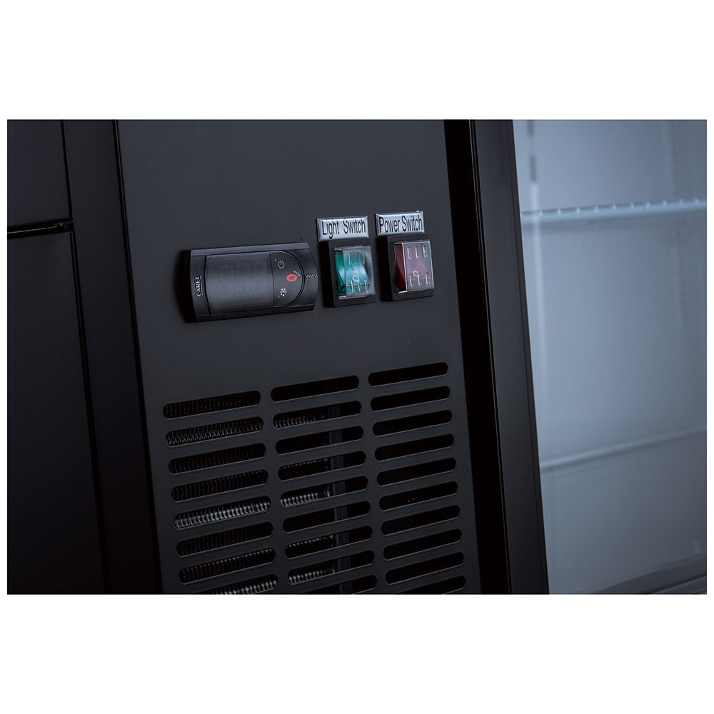 72-inch sliding glass door back bar cooler in black, designed with sleek sliding doors for easy access and clear visibility. Ideal for bars and restaurants, providing efficient cooling with a modern look.