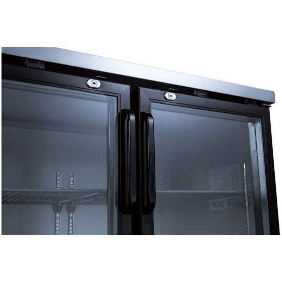 48-inch swing glass door back bar cooler in black, featuring transparent doors for easy product visibility and efficient cooling. Perfect for bars and restaurants, combining style with functionality.