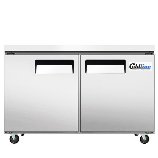 Coldline UC-48FT 48" undercounter worktop freezer featuring a stainless steel prep surface and frozen storage beneath; perfect for commercial kitchens needing convenient access to frozen ingredients while maximizing workspace efficiency.
