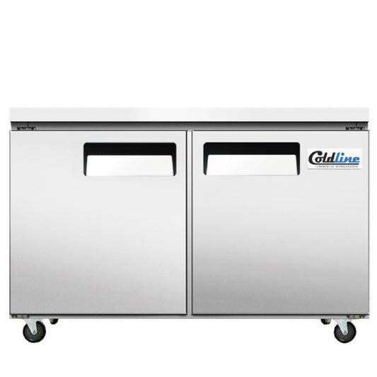 Coldline UC-48FT 48" undercounter worktop freezer featuring a stainless steel prep surface and frozen storage beneath; perfect for commercial kitchens needing convenient access to frozen ingredients while maximizing workspace efficiency.