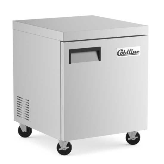The Coldline UC-27F is a 27-inch undercounter worktop freezer with 6.3 cu. ft. capacity, ideal for kitchens to store frozen items while offering a durable work surface for food preparation.