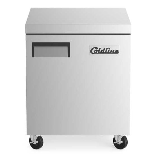 The Coldline UC-27F is a 27-inch undercounter worktop freezer with 6.3 cu. ft. capacity, ideal for kitchens to store frozen items while offering a durable work surface for food preparation.