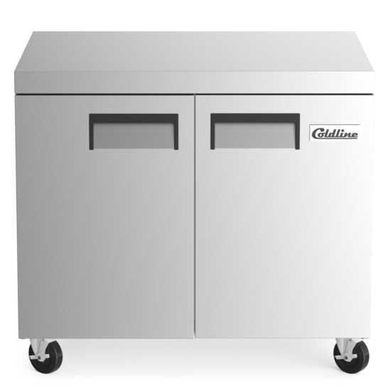 The Coldline UC-36F is a 36-inch undercounter worktop freezer with a 9 cu. ft. capacity, perfect for kitchens to store frozen goods while providing a sturdy work surface for food preparation.