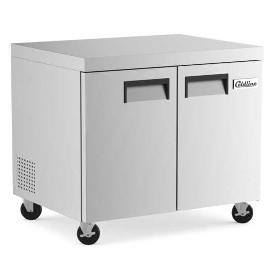 The Coldline UC-36R is a 36-inch undercounter worktop refrigerator with an 8.5 cu. ft. capacity, perfect for storing fresh ingredients while offering a durable surface for food preparation in kitchens.