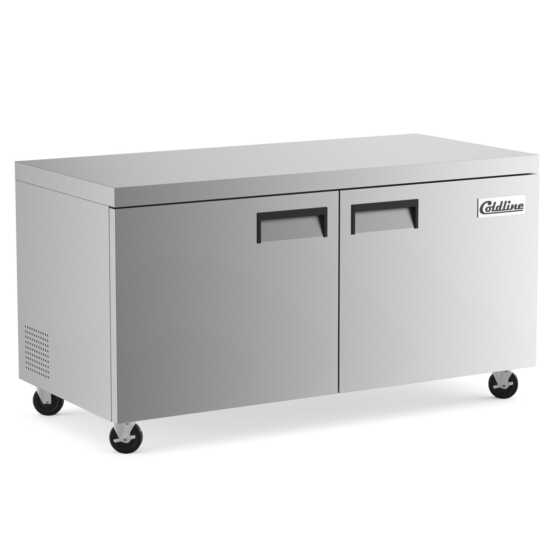The Coldline UC-60F is a 60-inch undercounter worktop freezer with a 15 cu. ft. capacity, offering ample frozen storage and a durable work surface for efficient food preparation in commercial kitchens.