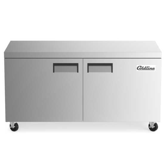 The Coldline UC-60R is a 60-inch undercounter worktop refrigerator with a 15 cu. ft. capacity, ideal for storing fresh ingredients and offering a sturdy work surface for food preparation in commercial kitchens.