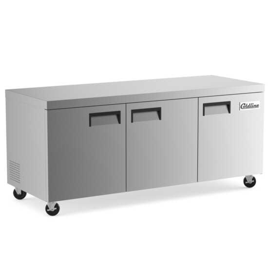 The Coldline UC-72R is a 72-inch undercounter worktop refrigerator with an 18 cu. ft. capacity, designed to store large quantities of fresh ingredients while providing a durable prep surface for kitchens.