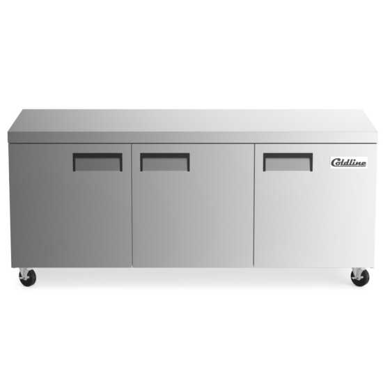 The Coldline UC-72R is a 72-inch undercounter worktop refrigerator with an 18 cu. ft. capacity, designed to store large quantities of fresh ingredients while providing a durable prep surface for kitchens.