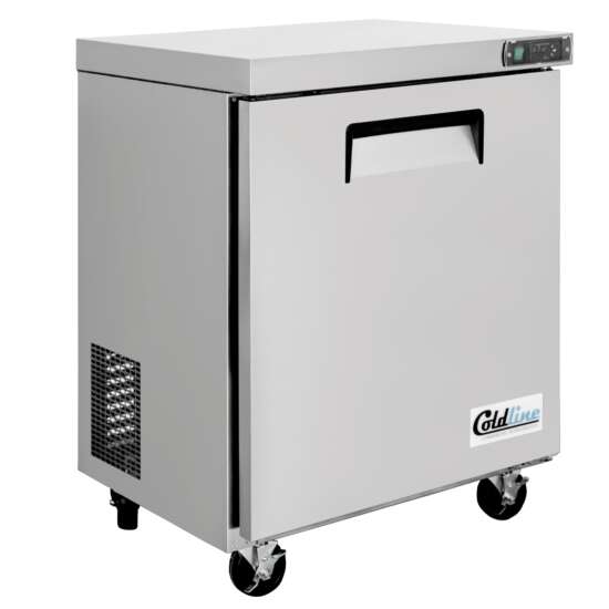 Coldline UCN-29R 29-inch narrow-depth undercounter worktop refrigerator, featuring a compact design and stainless steel construction, ideal for maximizing space in commercial kitchens.