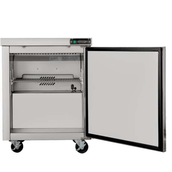Coldline UCN-29R 29-inch narrow-depth undercounter worktop refrigerator, featuring a compact design and stainless steel construction, ideal for maximizing space in commercial kitchens.