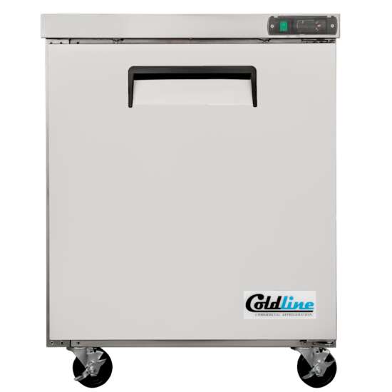 Coldline UCN-29R 29-inch narrow-depth undercounter worktop refrigerator, featuring a compact design and stainless steel construction, ideal for maximizing space in commercial kitchens.