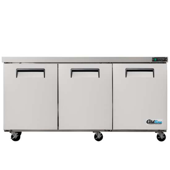 Coldline UCN-72R 72-inch narrow-depth undercounter worktop refrigerator, featuring a robust stainless steel build and ample storage capacity, designed for space-efficient refrigeration in commercial kitchens.