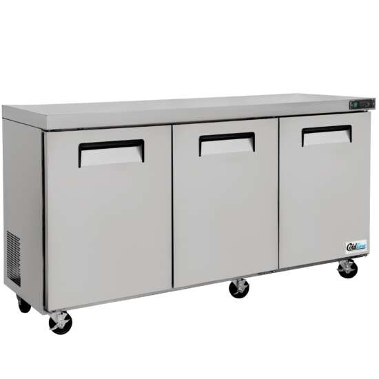 Coldline UCN-72R 72-inch narrow-depth undercounter worktop refrigerator, featuring a robust stainless steel build and ample storage capacity, designed for space-efficient refrigeration in commercial kitchens.