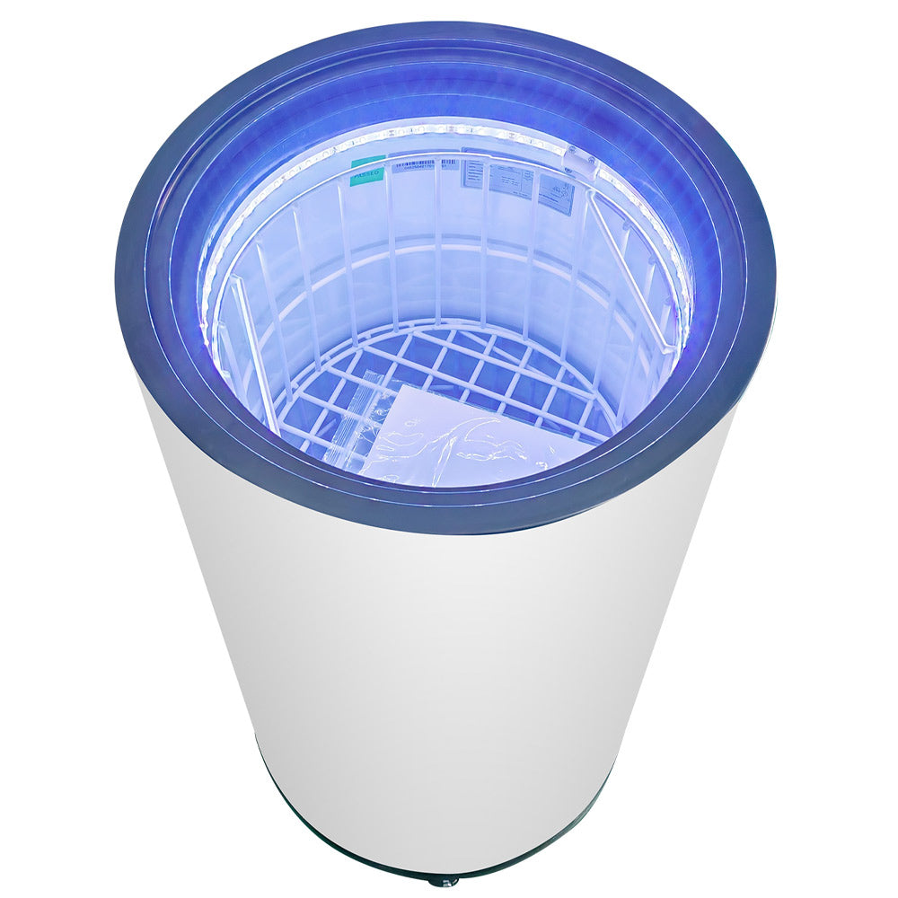 White cold drink barrel merchandiser refrigerator with a 2 cu. ft. capacity, designed for displaying and cooling beverages. Ideal for retail or event spaces, offering a compact, eye-catching display.