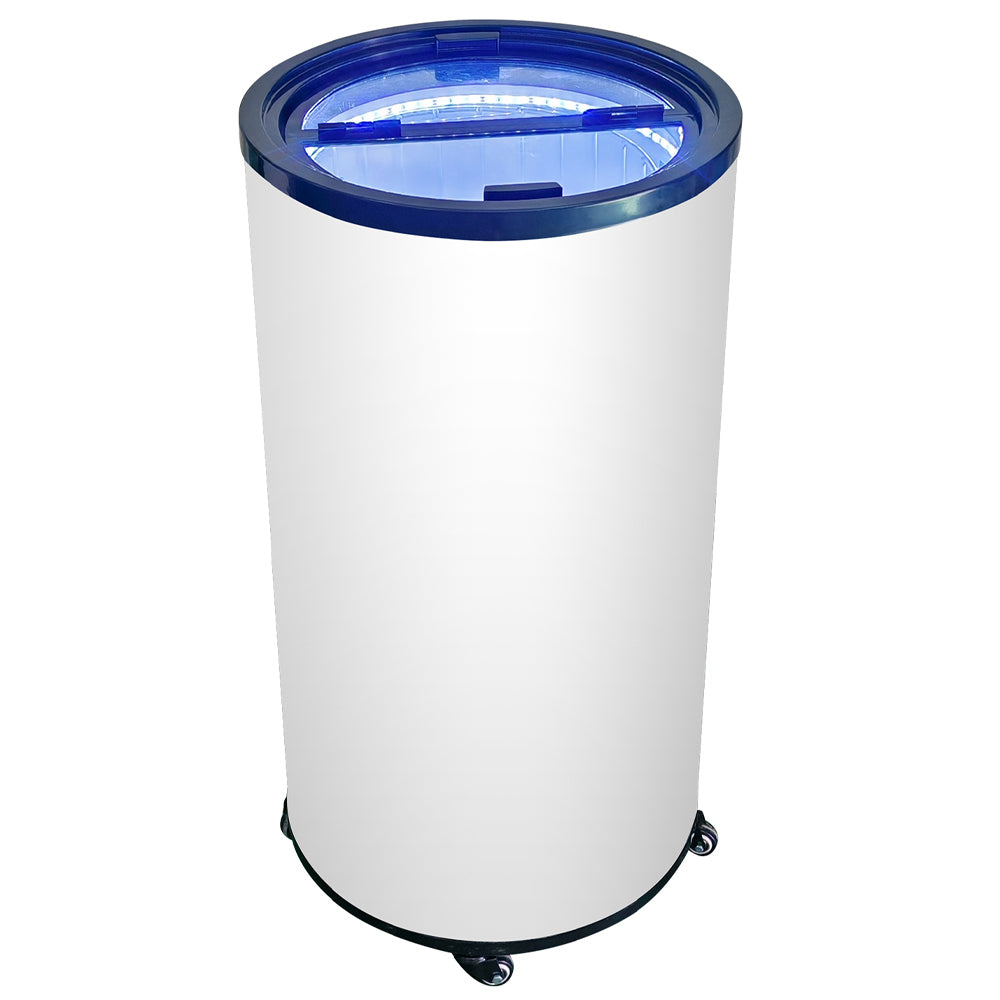White cold drink barrel merchandiser refrigerator with a 2 cu. ft. capacity, designed for displaying and cooling beverages. Ideal for retail or event spaces, offering a compact, eye-catching display.