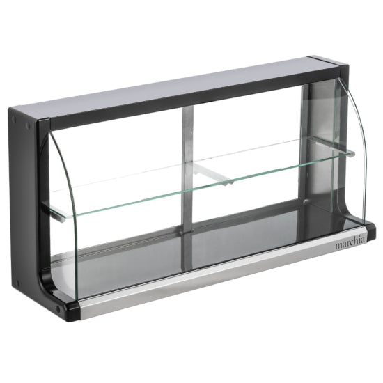 Marchia USTAR-T36 33-inch Dry Curved Glass Bakery Display Case, non-refrigerated. Perfect for showcasing pastries, bread, and desserts. Features a sleek curved glass design, sturdy black base, adjustable shelves, and an elegant display for bakeries or cafes.