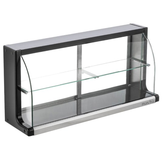 Marchia USTAR-T36 33-inch Dry Curved Glass Bakery Display Case, non-refrigerated. Perfect for showcasing pastries, bread, and desserts. Features a sleek curved glass design, sturdy black base, adjustable shelves, and an elegant display for bakeries or cafes.