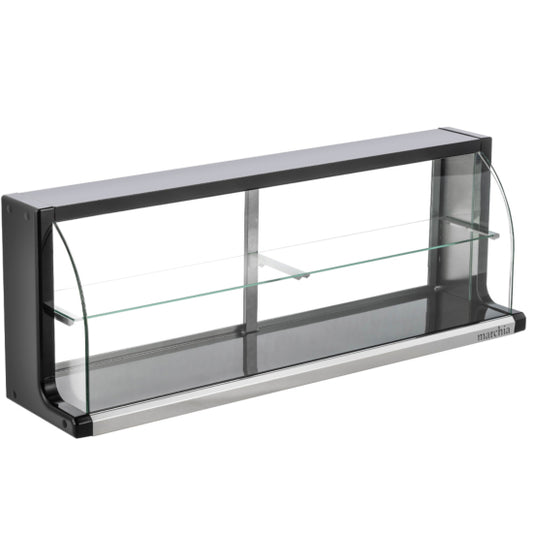 Marchia USTAR-T48 45-inch Dry Curved Glass Bakery Display Case, non-refrigerated. Designed to elegantly showcase baked goods with a sleek curved glass front, adjustable shelves, and durable black base. Ideal for bakeries, cafes, and retail displays.