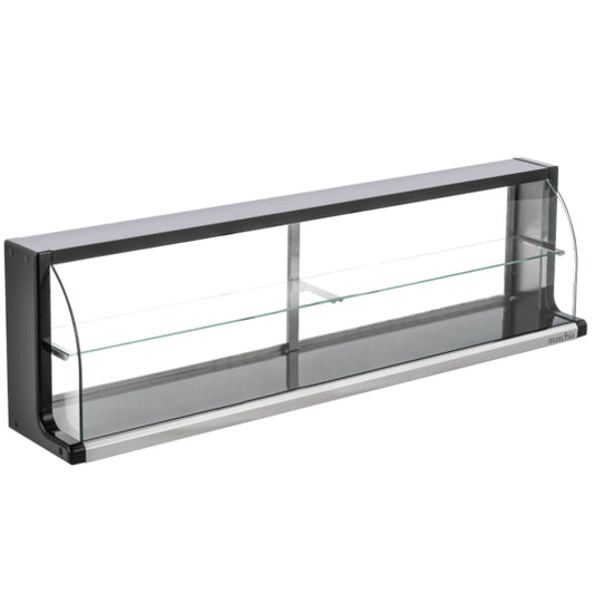 Marchia USTAR-T60 57-inch Dry Curved Glass Bakery Display Case, non-refrigerated. Features a sleek curved glass front, spacious adjustable shelves, and durable black base. Perfect for showcasing pastries, desserts, and bread in bakeries, cafes, or stores.