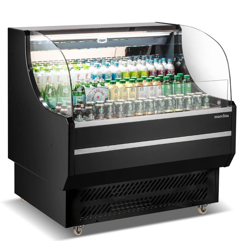 "Marchia USTAR36 36-inch black low-profile open-air cooler with LED lighting, stainless steel interior, digital temperature control, and night curtain for displaying chilled grab-and-go items.
