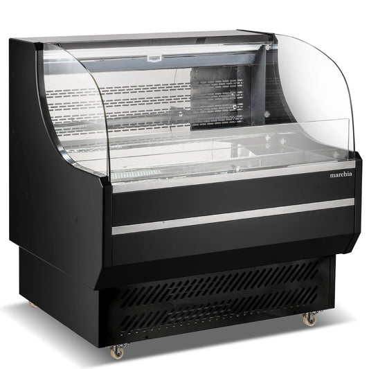 "Marchia USTAR36 36-inch black low-profile open-air cooler with LED lighting, stainless steel interior, digital temperature control, and night curtain for displaying chilled grab-and-go items.