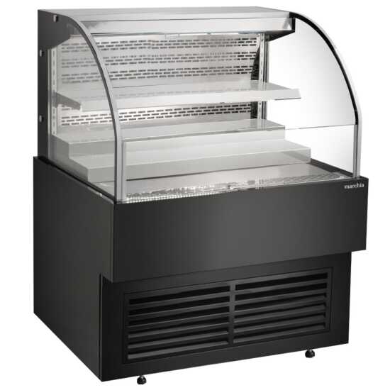 The Marchia USTAR36G 36" black low profile open air cooler grab-and-go refrigerator features a sleek, space-saving design with adjustable shelves, energy-efficient LED lighting, and easy access for chilled products.
