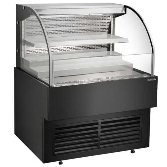 The Marchia USTAR36G 36" black low profile open air cooler grab-and-go refrigerator features a sleek, space-saving design with adjustable shelves, energy-efficient LED lighting, and easy access for chilled products.
