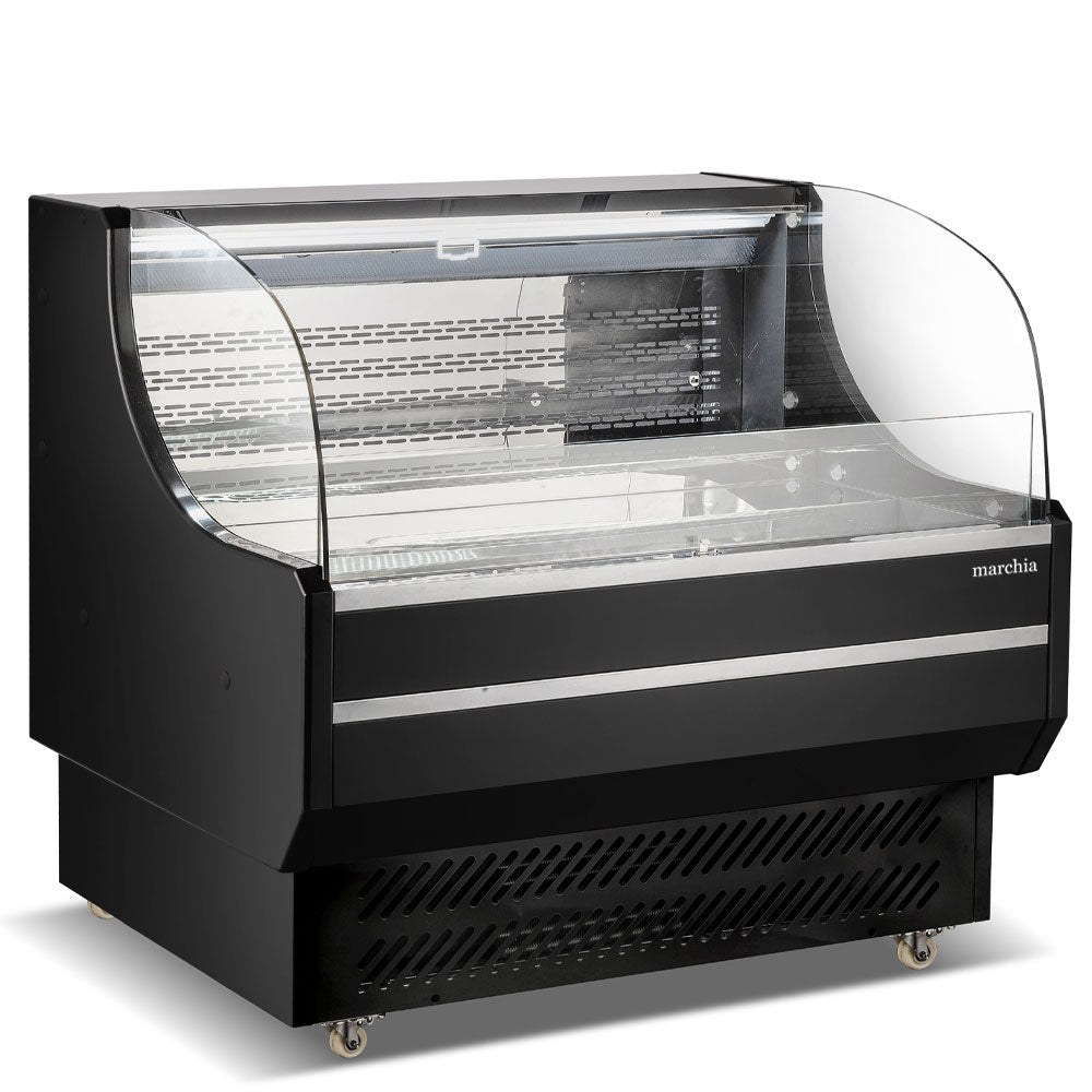 Marchia USTAR48G 48" black low-profile open-air cooler with stainless steel interior, LED lighting, digital temperature control, night curtain, and eco-friendly R290 refrigerant for grab-and-go items.