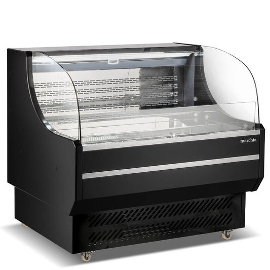 Marchia USTAR48G 48" black low-profile open-air cooler with stainless steel interior, LED lighting, digital temperature control, night curtain, and eco-friendly R290 refrigerant for grab-and-go items.
