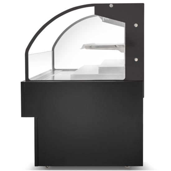 Marchia USTAR72G 71-inch Black Low Profile Open Air Cooler, ideal for grab-and-go items. Features an open display design, sleek black finish, energy-efficient LED lighting, and ample storage space for beverages, snacks, or perishables in retail settings.