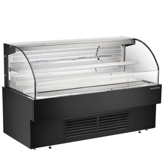 Marchia USTAR72G 71-inch Black Low Profile Open Air Cooler, ideal for grab-and-go items. Features an open display design, sleek black finish, energy-efficient LED lighting, and ample storage space for beverages, snacks, or perishables in retail settings.