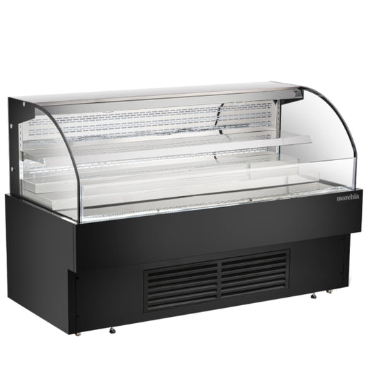 Marchia USTAR72G 71-inch Black Low Profile Open Air Cooler, ideal for grab-and-go items. Features an open display design, sleek black finish, energy-efficient LED lighting, and ample storage space for beverages, snacks, or perishables in retail settings.