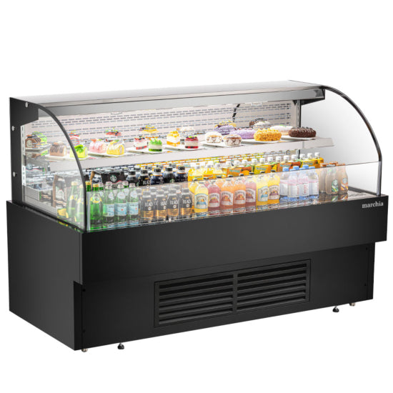 Marchia USTAR72G 71-inch Black Low Profile Open Air Cooler, ideal for grab-and-go items. Features an open display design, sleek black finish, energy-efficient LED lighting, and ample storage space for beverages, snacks, or perishables in retail settings.