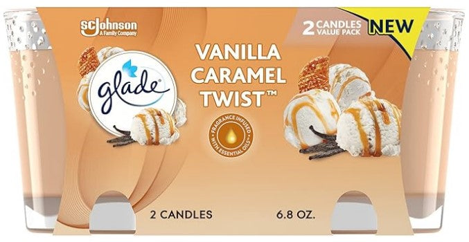 Two Glade Vanilla Caramel scented candles in glass jars, 3.4 oz each, with a sweet vanilla and warm caramel fragrance.