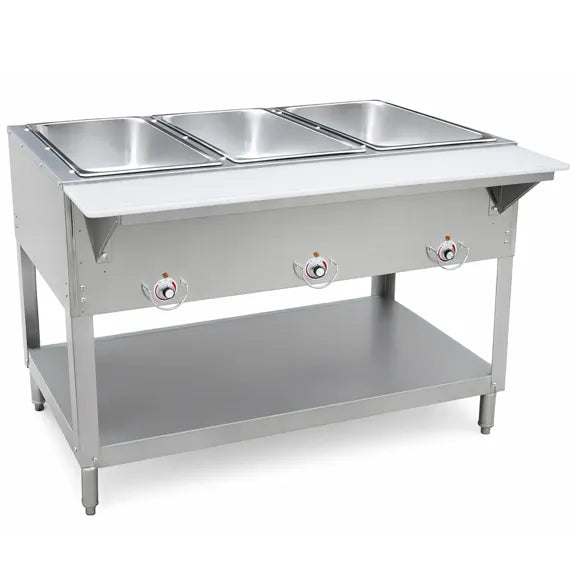 The Prepline TBH11-3 44" Three Well Electric Hot Food Steam Table with Undershelf (120V) is a commercial-grade heated food holding station designed for buffets, restaurants, and catering lines.