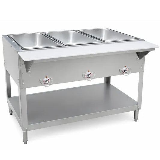 The Prepline TBH11-3 44" Three Well Electric Hot Food Steam Table with Undershelf (120V) is a commercial-grade heated food holding station designed for buffets, restaurants, and catering lines.