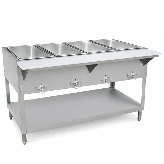 Commercial stainless steel food table with four open wells sized 12 x 20 x 6-1/2 inches, support shelf with poly cutting board, independent temperature controls, undershelf storage, and stainless steel legs with bullet feet. Open well design supports water or dry heat operation. Requires water pans. Pans sold separately.