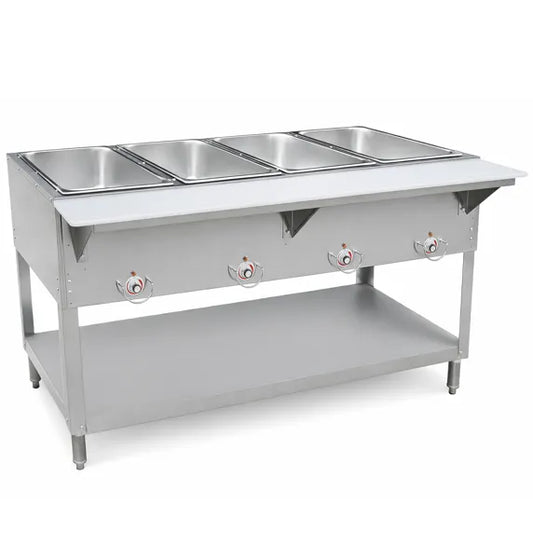 Commercial stainless steel food table with four open wells sized 12 x 20 x 6-1/2 inches, support shelf with poly cutting board, independent temperature controls, undershelf storage, and stainless steel legs with bullet feet. Open well design supports water or dry heat operation. Requires water pans. Pans sold separately.