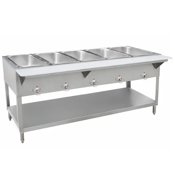 Prepline TBH25-5 72-inch five-well electric hot food steam table with undershelf, designed for commercial kitchens and buffet service. Durable stainless steel construction, 240V heating system, individual food wells for holding hot dishes at safe serving temperatures, ideal for restaurants and catering